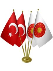 Masa Üstü Cumhurbaşkanlığı Forsu Bayrağı Türk Bayrağı Dörtlü Pirinç Direk Masa Bayrak Seti