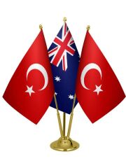 Masa Üstü Avustralya Bayrağı Türk Bayrağı Üçlü Pirinç Direk Masa Bayrak Seti