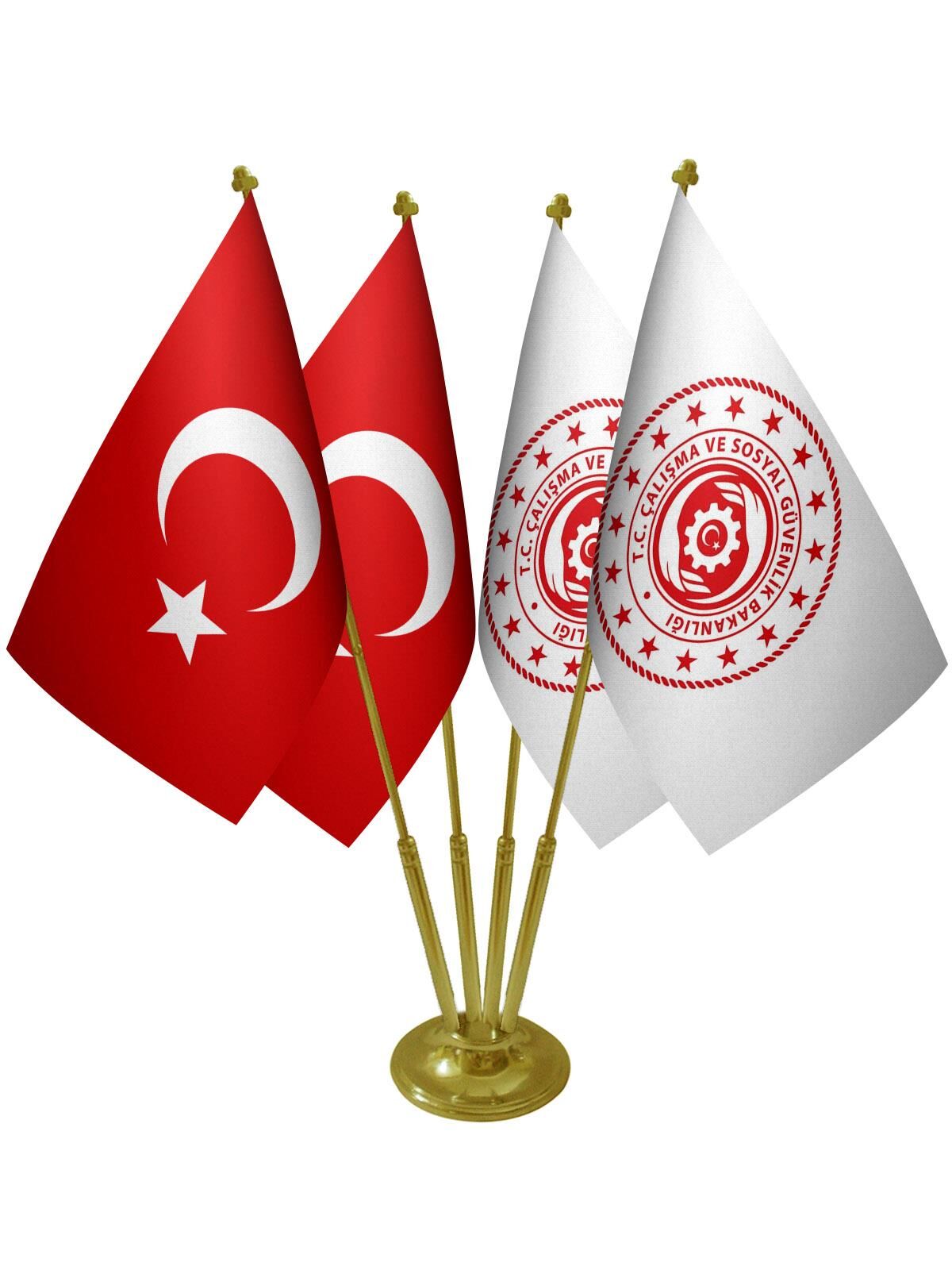 Masa Üstü Çalışma Bakanlığı Bayrağı Türk Bayrağı Dörtlü Pirinç Direk Masa Bayrak Seti