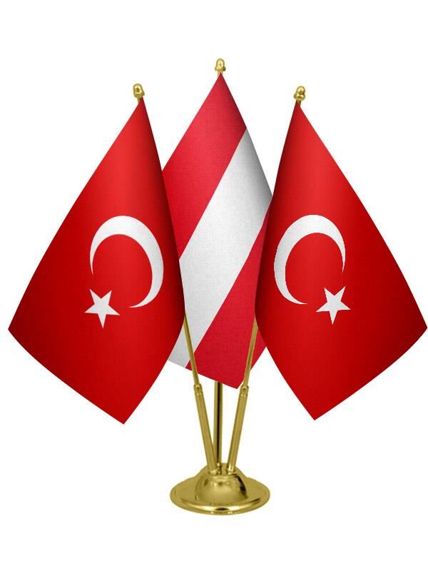 Masa Üstü Avusturya Bayrağı Türk Bayrağı Üçlü Pirinç Direk Masa Bayrak Seti