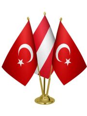 Masa Üstü Avusturya Bayrağı Türk Bayrağı Üçlü Pirinç Direk Masa Bayrak Seti