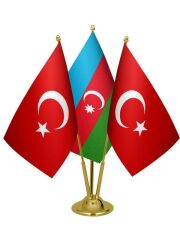 Masa Üstü Azerbaycan Bayrağı Türk Bayrağı Üçlü Pirinç Direk Masa Bayrak Seti