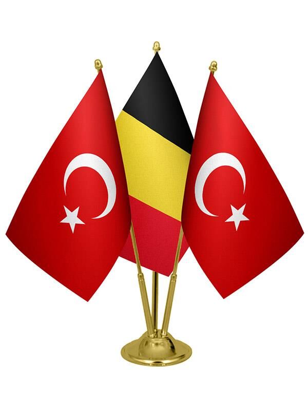 Masa Üstü Belçika Bayrağı Türk Bayrağı Üçlü Pirinç Direk Masa Bayrak Seti