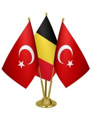 Masa Üstü Belçika Bayrağı Türk Bayrağı Üçlü Pirinç Direk Masa Bayrak Seti
