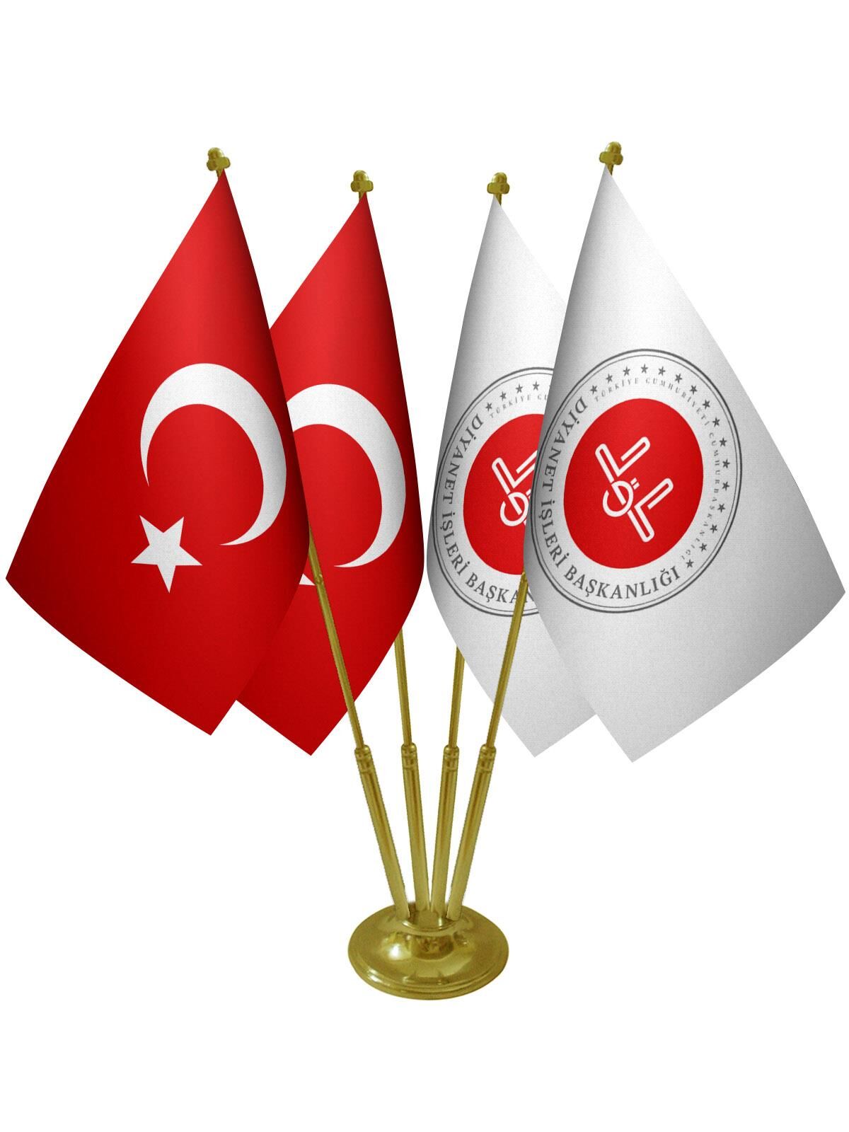 Masa Üstü Diyanet İşleri Bayrağı Türk Bayrağı Dörtlü Pirinç Direk Masa Bayrak Seti