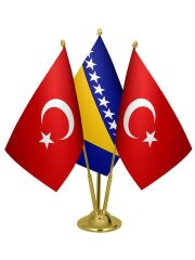 Masa Üstü Bosna Hersek Bayrağı Türk Bayrağı Üçlü Pirinç Direk Masa Bayrak Seti