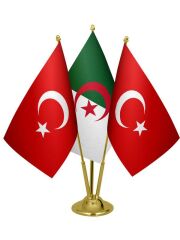 Masa Üstü Cezayir Bayrağı Türk Bayrağı Üçlü Pirinç Direk Masa Bayrak Seti
