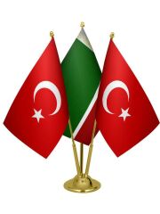 Masa Üstü Çeçenistan Bayrağı Türk Bayrağı Üçlü Pirinç Direk Masa Bayrak Seti