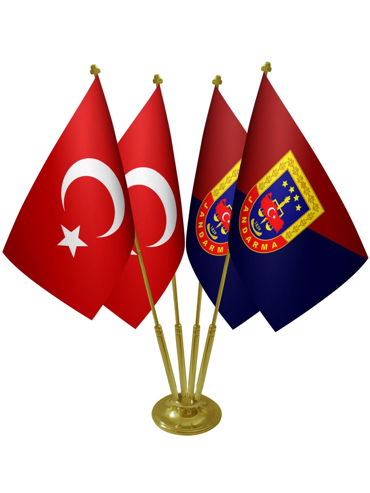 Masa Üstü Jandarma Bayrağı Türk Bayrağı Dörtlü Pirinç Direk Masa Bayrak Seti