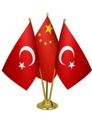 Masa Üstü Çin Bayrağı Türk Bayrağı Üçlü Pirinç Direk Masa Bayrak Seti