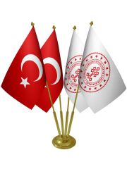 Masa Üstü Kültür ve Turizm Bakanlığı Bayrağı Türk Bayrağı Dörtlü Pirinç Direk Masa Bayrak Seti