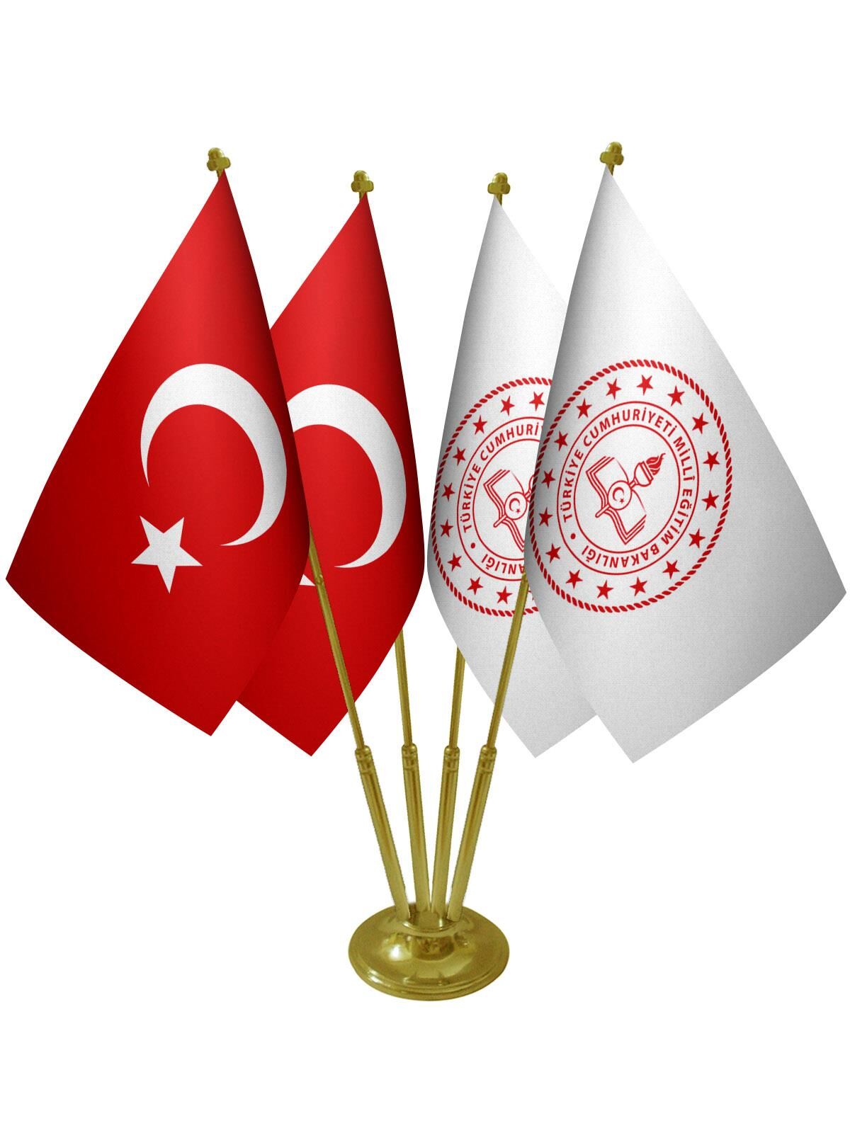 Masa Üstü Milli Eğitim Bakanlığı Bayrağı Türk Bayrağı Dörtlü Pirinç Direk Masa Bayrak Seti