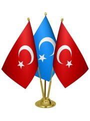 Masa Üstü Doğu Türkistan Bayrağı Türk Bayrağı Üçlü Pirinç Direk Masa Bayrak Seti