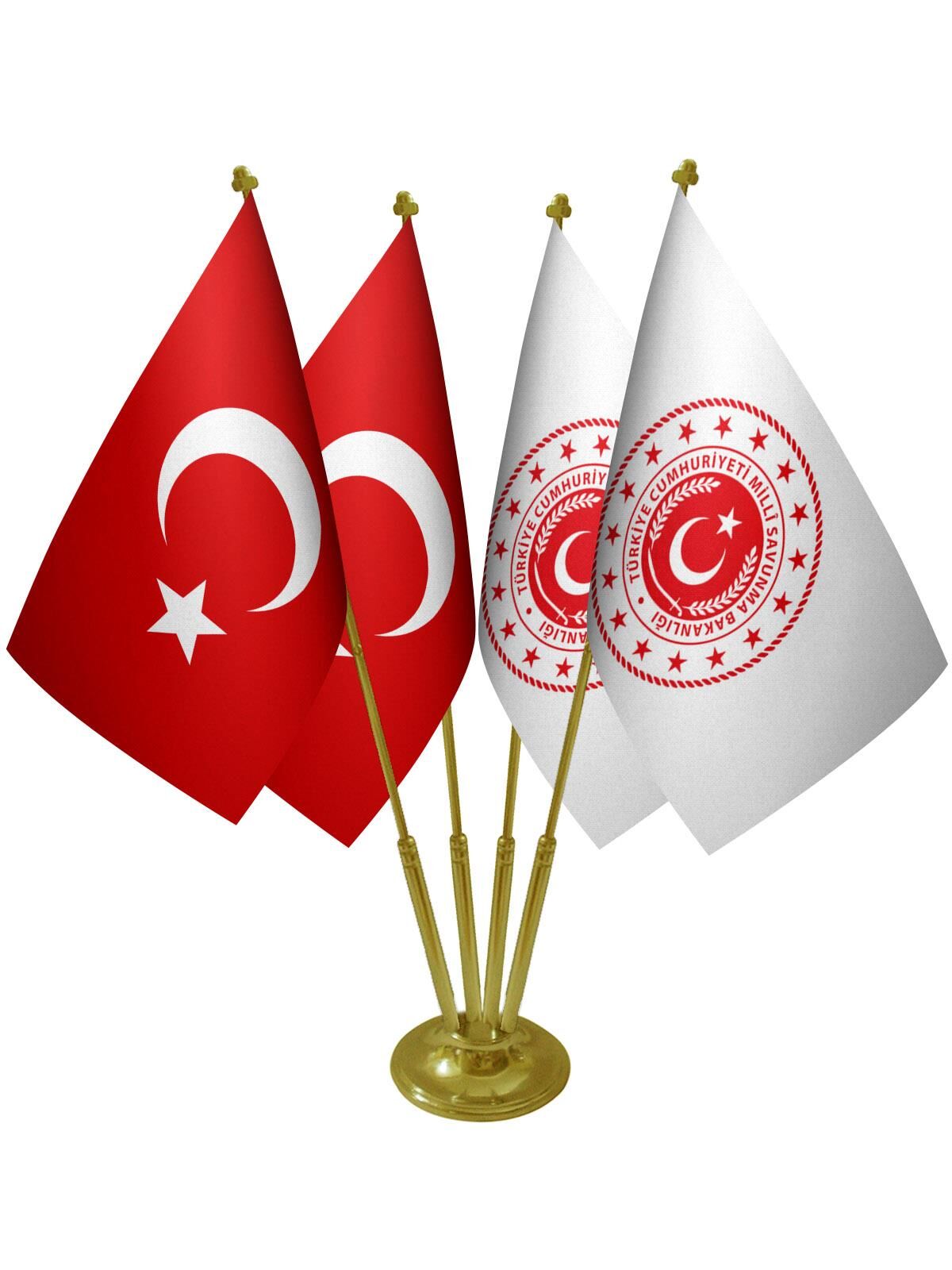 Masa Üstü Milli Savunma Bakanlığı Bayrağı Türk Bayrağı Dörtlü Pirinç Direk Masa Bayrak Seti