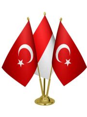 Masa Üstü Endonezya Bayrağı Türk Bayrağı Üçlü Pirinç Direk Masa Bayrak Seti
