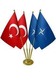 Masa Üstü NATO Bayrağı Türk Bayrağı Dörtlü Pirinç Direk Masa Bayrak Seti