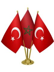 Masa Üstü Fas Bayrağı Türk Bayrağı Üçlü Pirinç Direk Masa Bayrak Seti