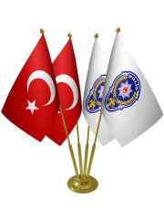 Masa Üstü Polis Arması Bayrağı Türk Bayrağı Dörtlü Pirinç Direk Masa Bayrak Seti