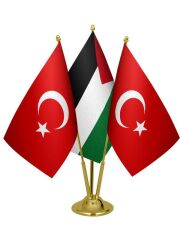 Masa Üstü Filistin Bayrağı Türk Bayrağı Üçlü Pirinç Direk Masa Bayrak Seti
