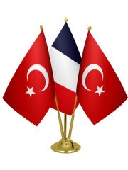 Masa Üstü Fransa Bayrağı Türk Bayrağı Üçlü Pirinç Direk Masa Bayrak Seti