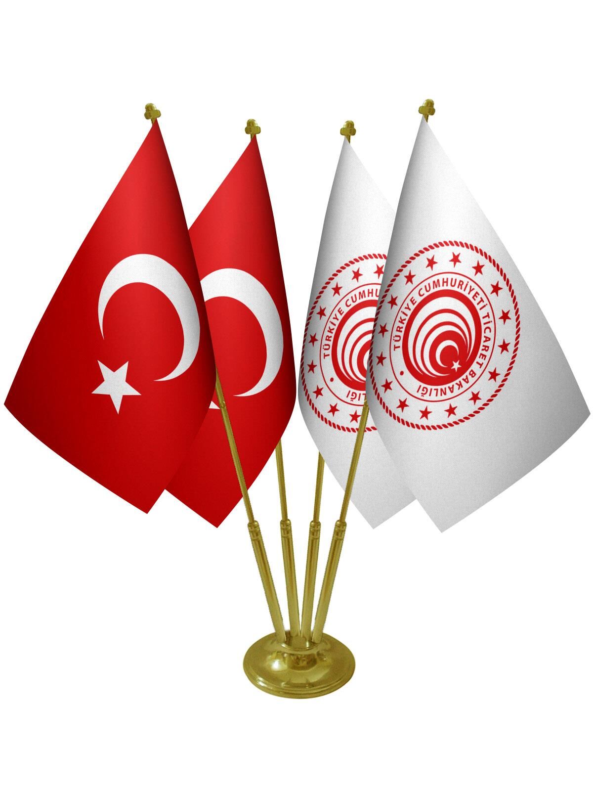 Masa Üstü Ticaret Bakanlığı Bayrağı Türk Bayrağı Dörtlü Pirinç Direk Masa Bayrak Seti