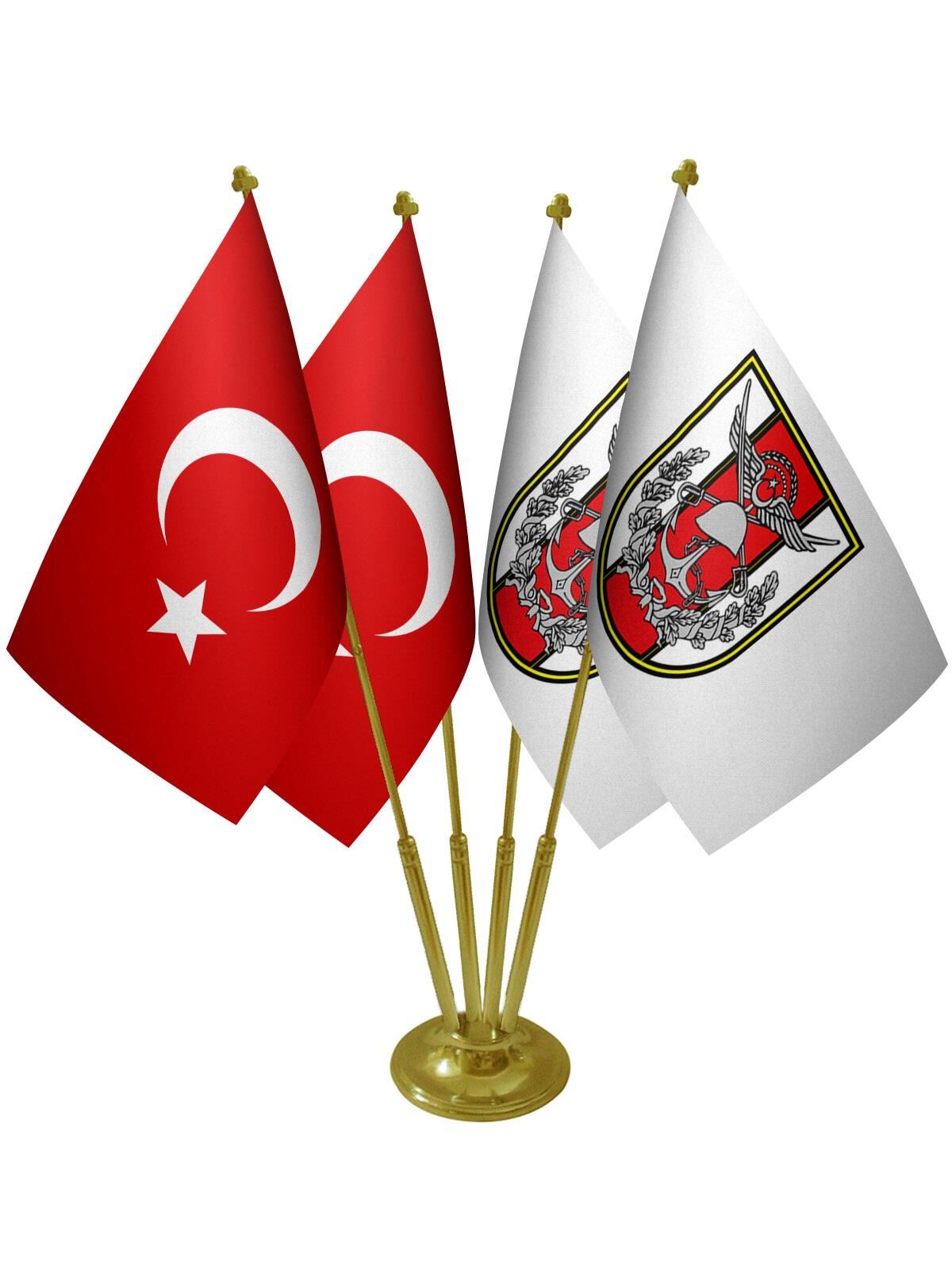 Masa Üstü TSK Türk Silahlı Kuvvetleri Bayrağı Türk Bayrağı Dörtlü Pirinç Direk Masa Bayrak Seti