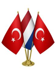 Masa Üstü Hollanda Bayrağı Türk Bayrağı Üçlü Pirinç Direk Masa Bayrak Seti