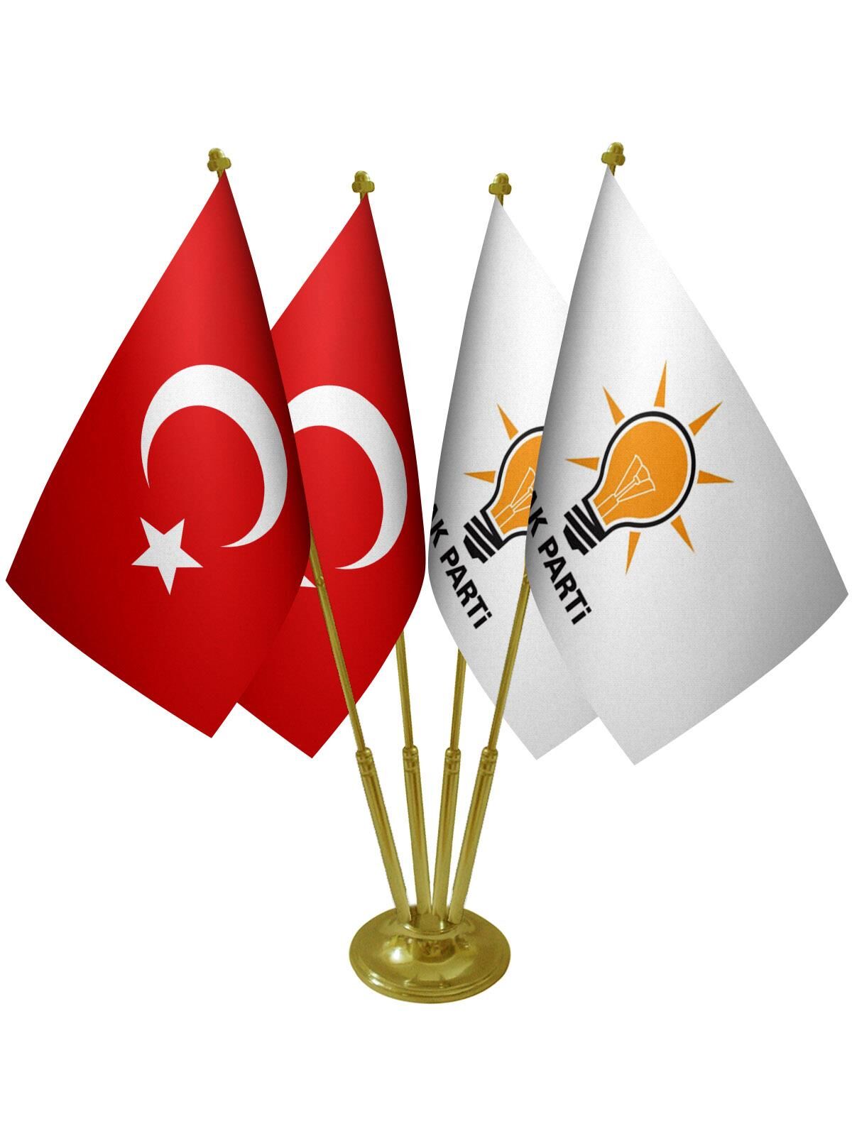 Masa Üstü Ak Parti Bayrağı Türk Bayrağı Dörtlü Pirinç Direk Masa Bayrak Seti
