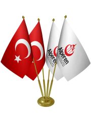 Masa Üstü Alperen Ocakları Bayrağı Türk Bayrağı Dörtlü Pirinç Direk Masa Bayrak Seti