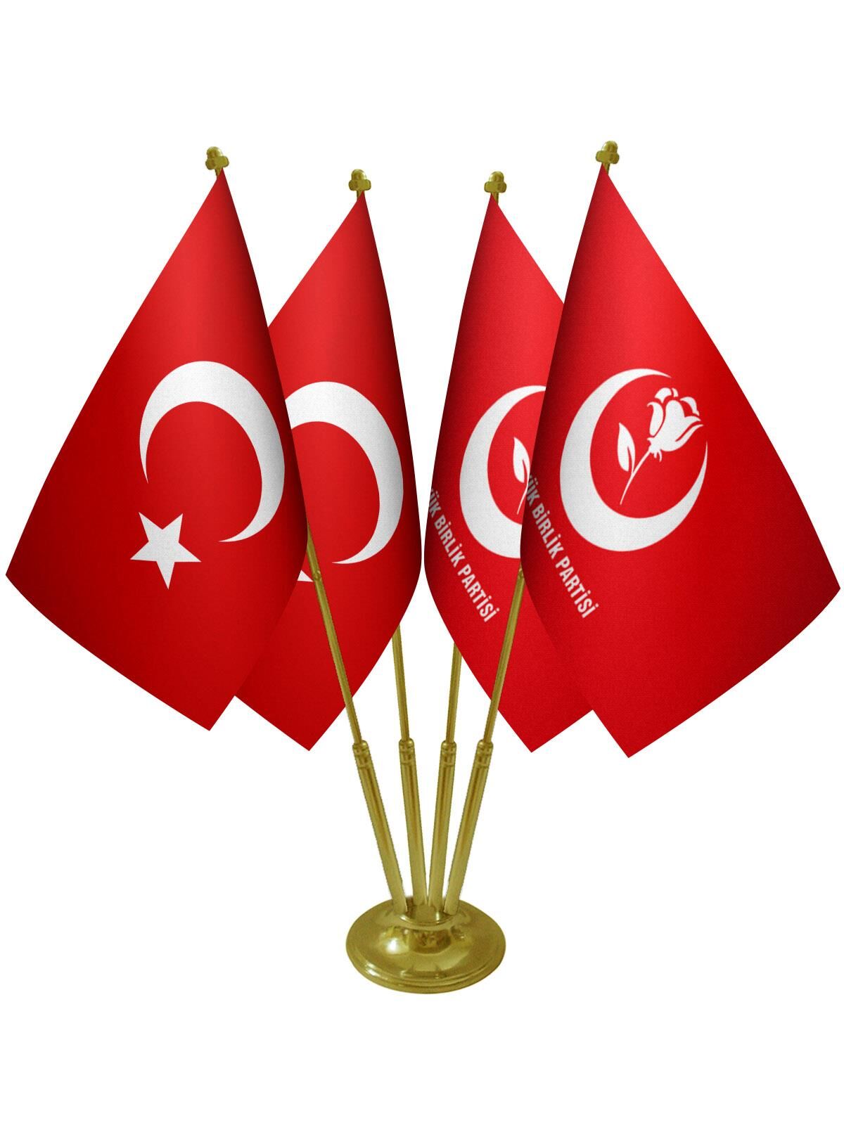 Masa Üstü Büyük Birlik Partisi Bayrağı Türk Bayrağı Dörtlü Pirinç Direk Masa Bayrak Seti