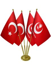 Masa Üstü Büyük Birlik Partisi Bayrağı Türk Bayrağı Dörtlü Pirinç Direk Masa Bayrak Seti