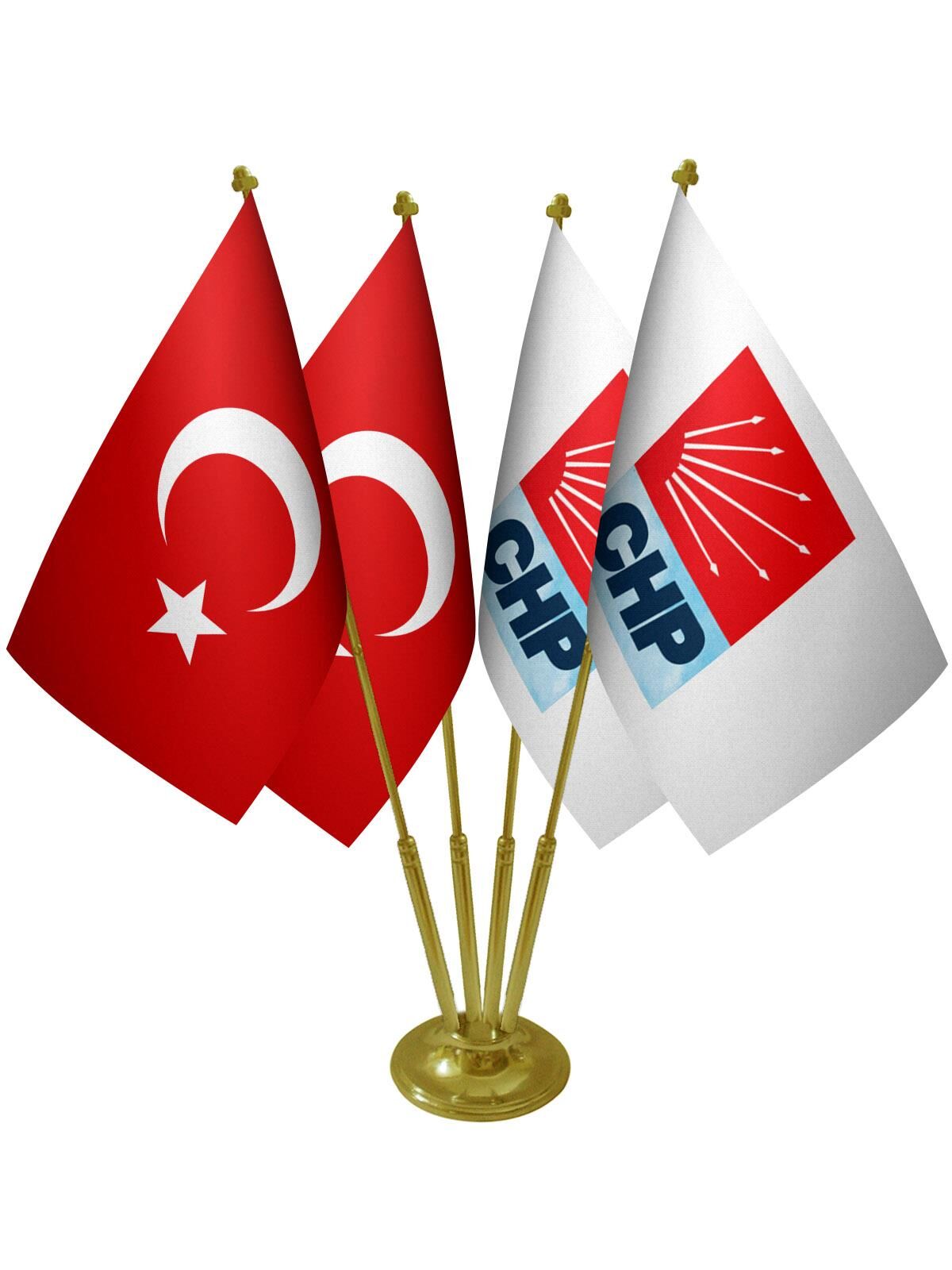 Masa Üstü CHP Bayrağı Türk Bayrağı Dörtlü Pirinç Direk Masa Bayrak Seti