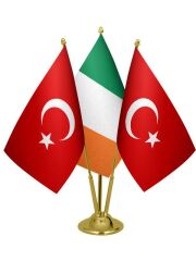Masa Üstü İrlanda Bayrağı Türk Bayrağı Üçlü Pirinç Direk Masa Bayrak Seti