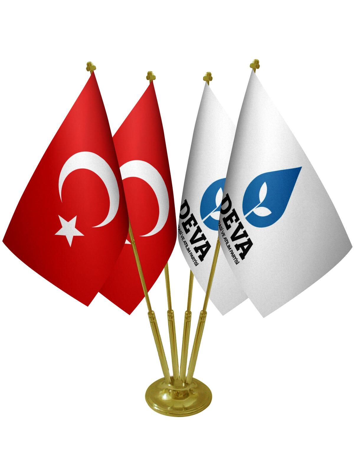 Masa Üstü DEVA Partisi Bayrağı Türk Bayrağı Dörtlü Pirinç Direk Masa Bayrak Seti