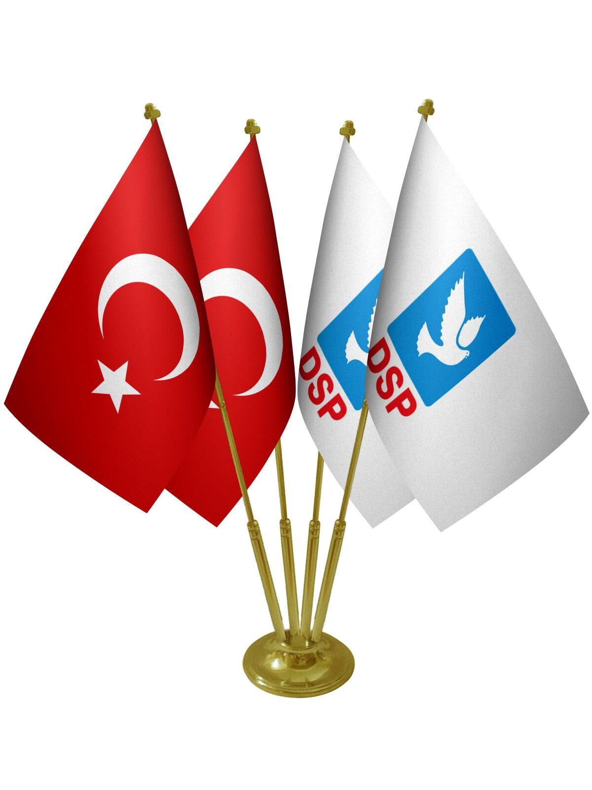 Masa Üstü DSP Bayrağı Türk Bayrağı Dörtlü Pirinç Direk Masa Bayrak Seti