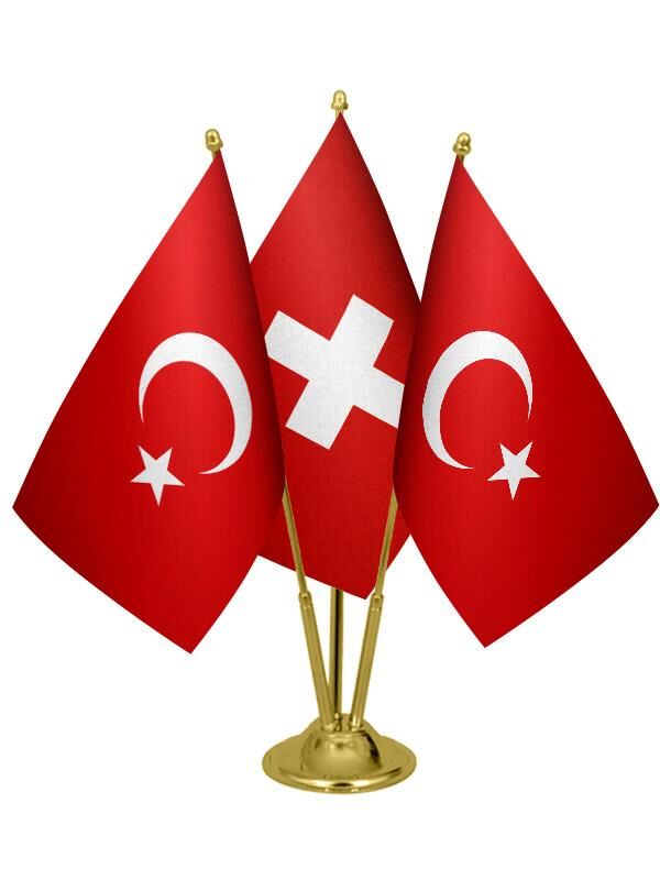 Masa Üstü İsviçre Bayrağı Türk Bayrağı Üçlü Pirinç Direk Masa Bayrak Seti