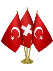 Masa Üstü İsviçre Bayrağı Türk Bayrağı Üçlü Pirinç Direk Masa Bayrak Seti