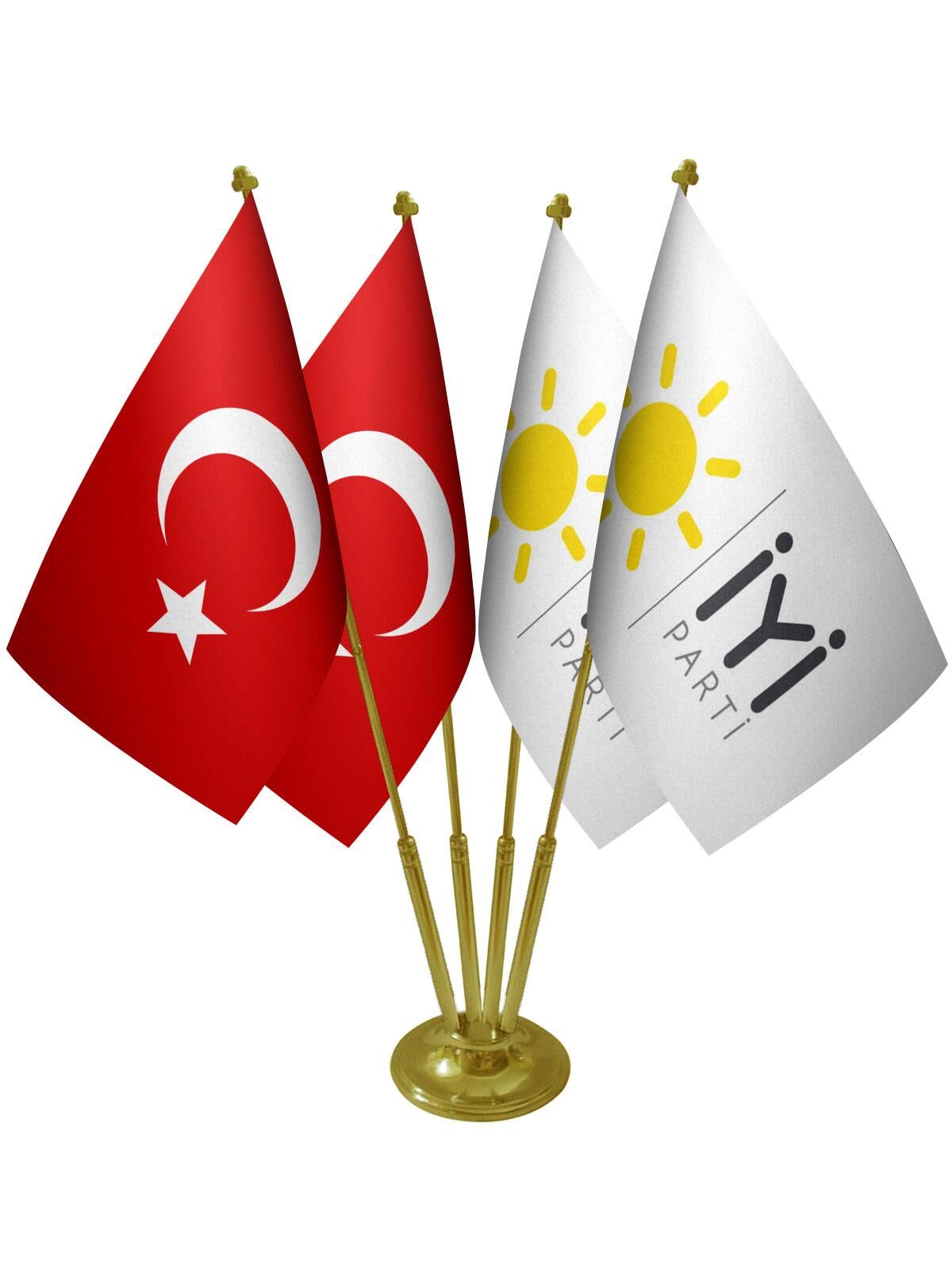 Masa Üstü İyi Parti Bayrağı Türk Bayrağı Dörtlü Pirinç Direk Masa Bayrak Seti