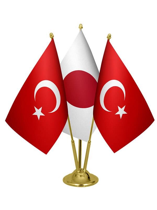 Masa Üstü Japonya Bayrağı Türk Bayrağı Üçlü Pirinç Direk Masa Bayrak Seti