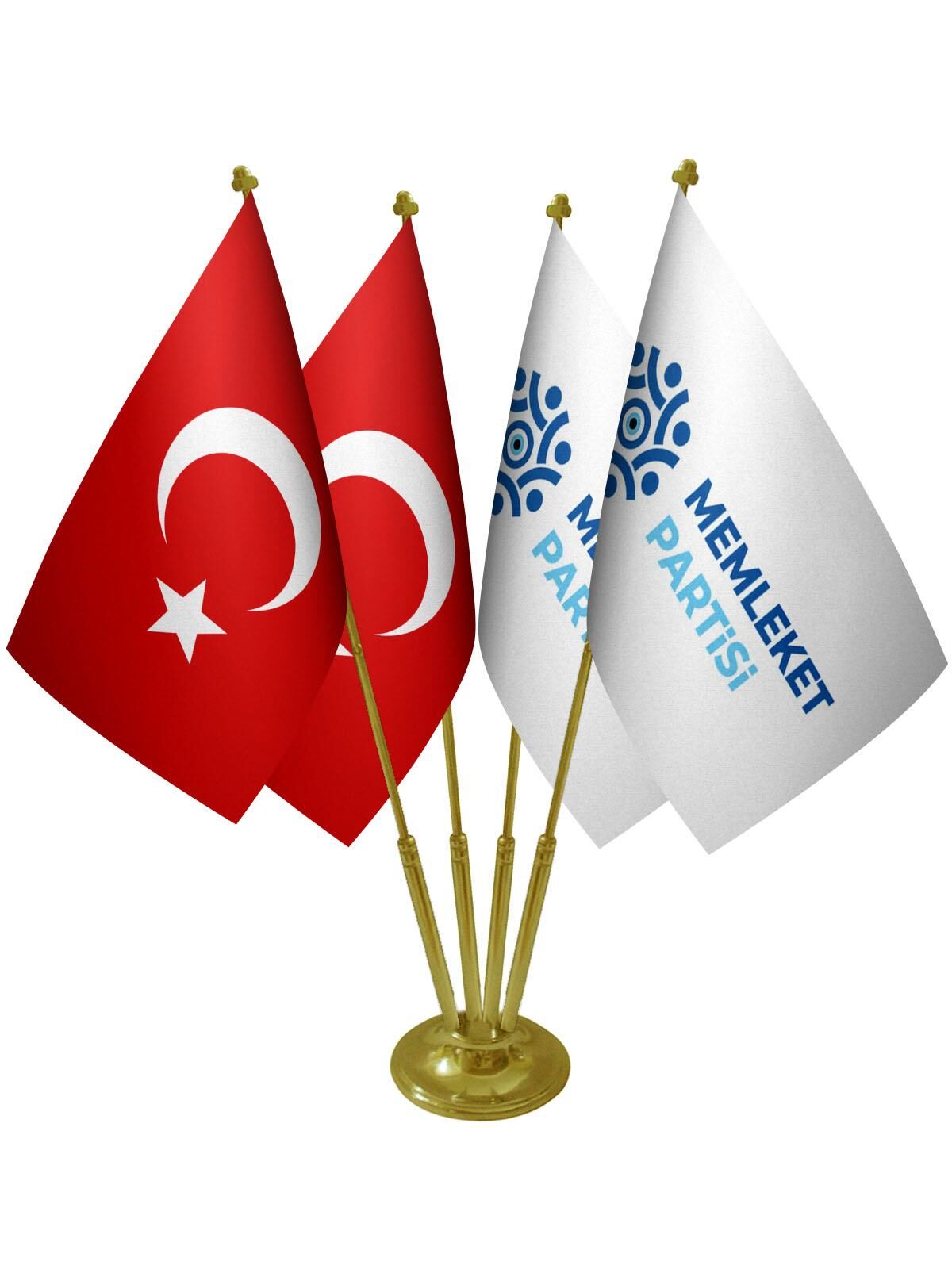 Masa Üstü Memleket Partisi Bayrağı Türk Bayrağı Dörtlü Pirinç Direk Masa Bayrak Seti