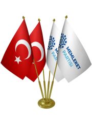 Masa Üstü Memleket Partisi Bayrağı Türk Bayrağı Dörtlü Pirinç Direk Masa Bayrak Seti