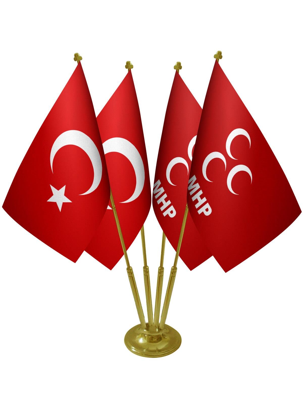 Masa Üstü MHP Bayrağı Türk Bayrağı Dörtlü Pirinç Direk Masa Bayrak Seti