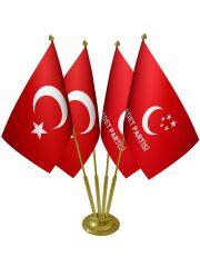 Masa Üstü Saadet Partisi Bayrağı Türk Bayrağı Dörtlü Pirinç Direk Masa Bayrak Seti