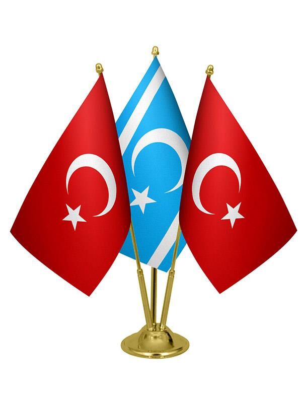 Masa Üstü Kerkük Türkmeneli Bayrağı Türk Bayrağı Üçlü Pirinç Direk Masa Bayrak Seti