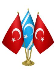 Masa Üstü Kerkük Türkmeneli Bayrağı Türk Bayrağı Üçlü Pirinç Direk Masa Bayrak Seti