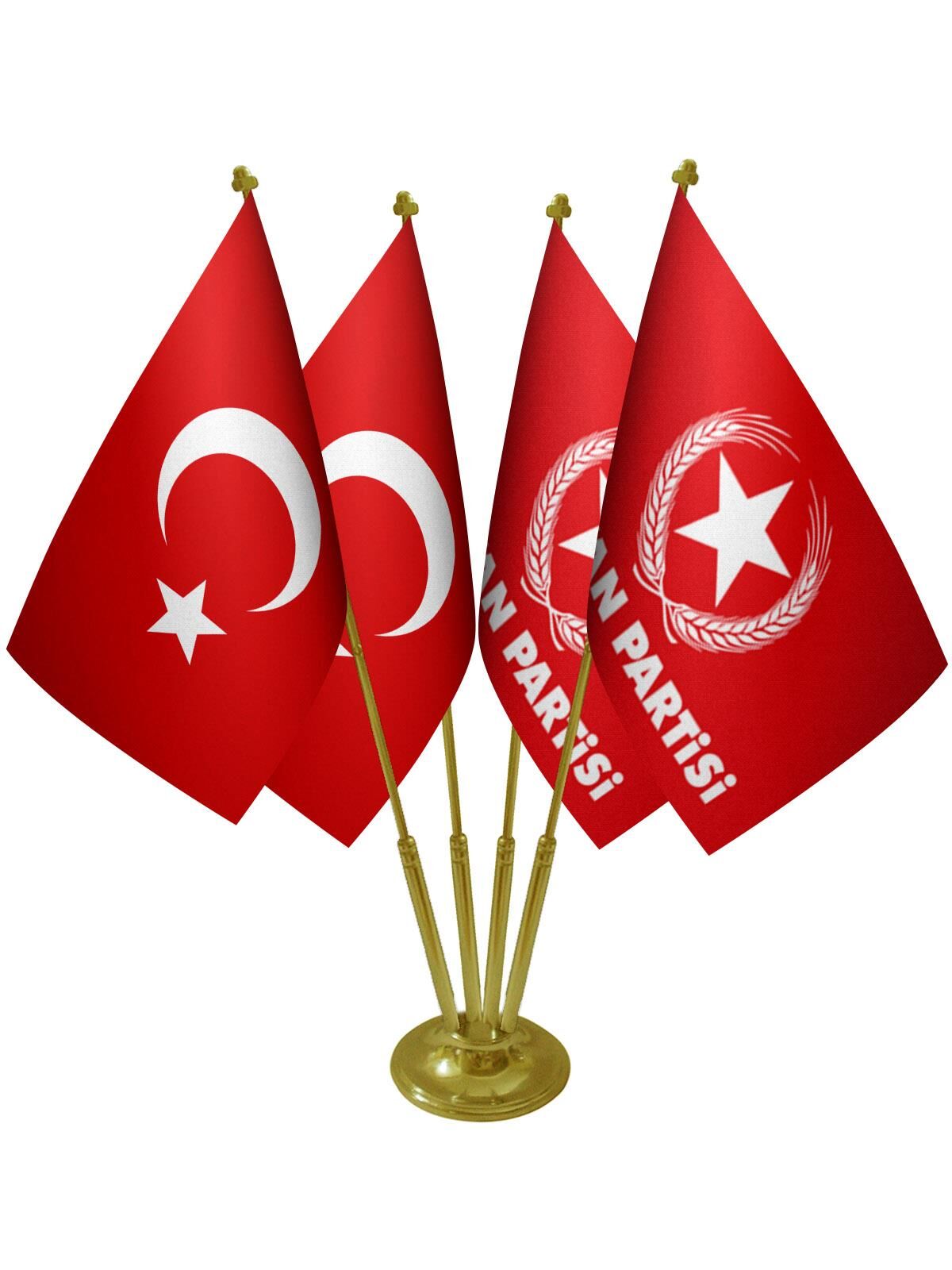 Masa Üstü Vatan Partisi Bayrağı Türk Bayrağı Dörtlü Pirinç Direk Masa Bayrak Seti