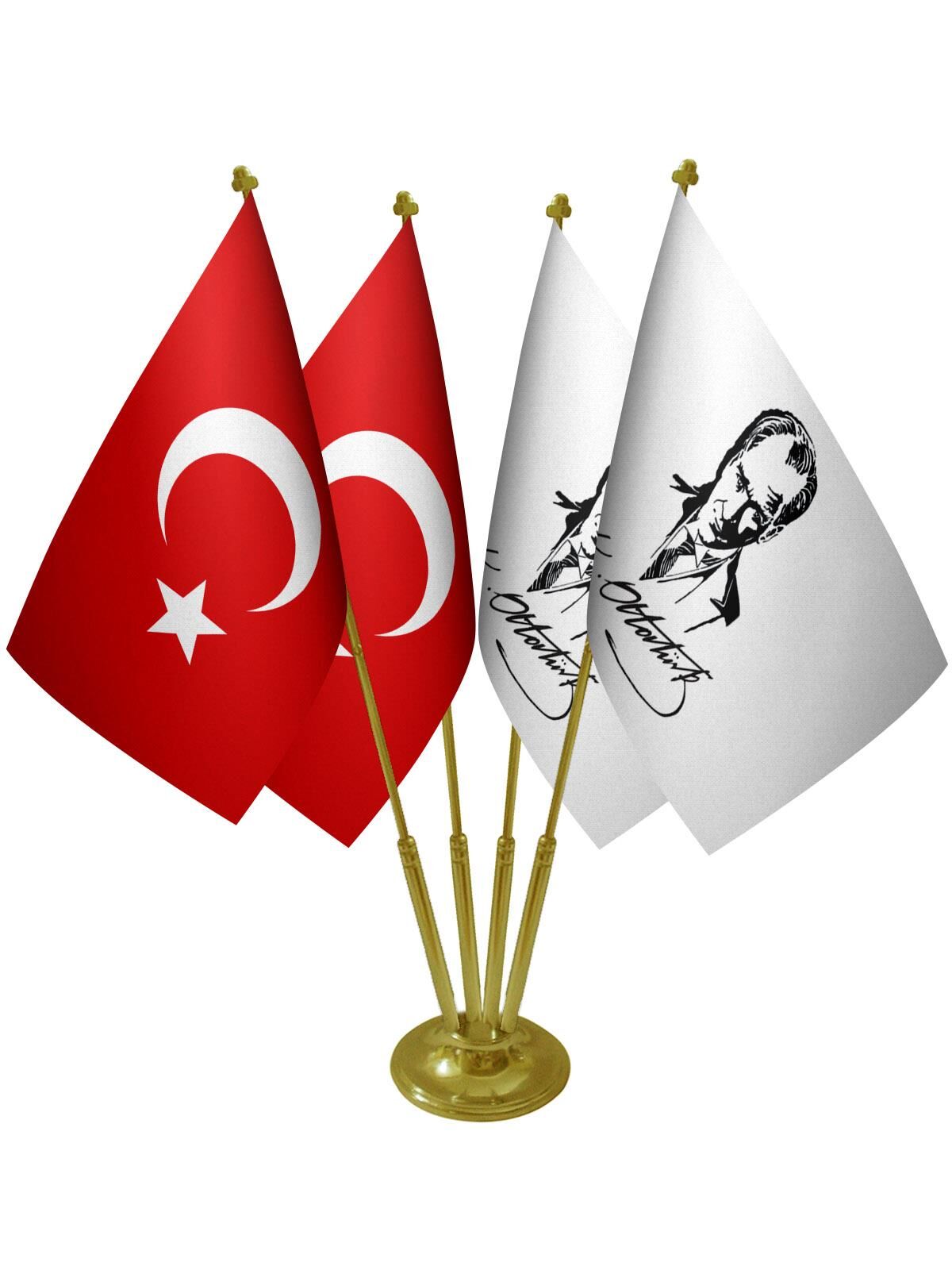 Masa Üstü Atatürk İmzalı Bayrağı Türk Bayrağı Dörtlü Pirinç Direk Masa Bayrak Seti