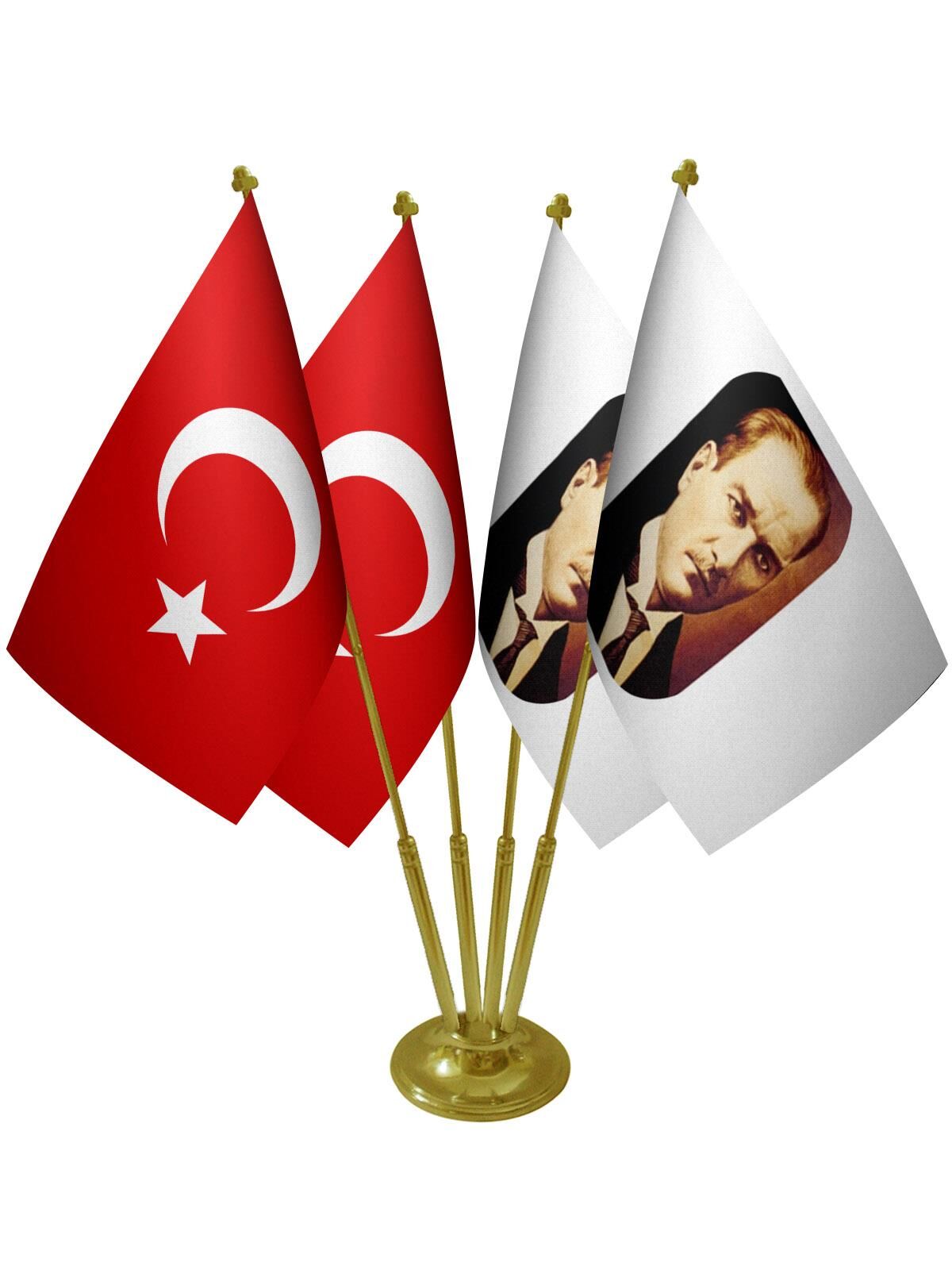 Masa Üstü Atatürk Bayrağı Türk Bayrağı Dörtlü Pirinç Direk Masa Bayrak Seti