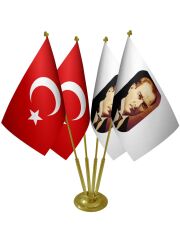 Masa Üstü Atatürk Bayrağı Türk Bayrağı Dörtlü Pirinç Direk Masa Bayrak Seti