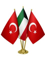 Masa Üstü Kuveyt Bayrağı Türk Bayrağı Üçlü Pirinç Direk Masa Bayrak Seti